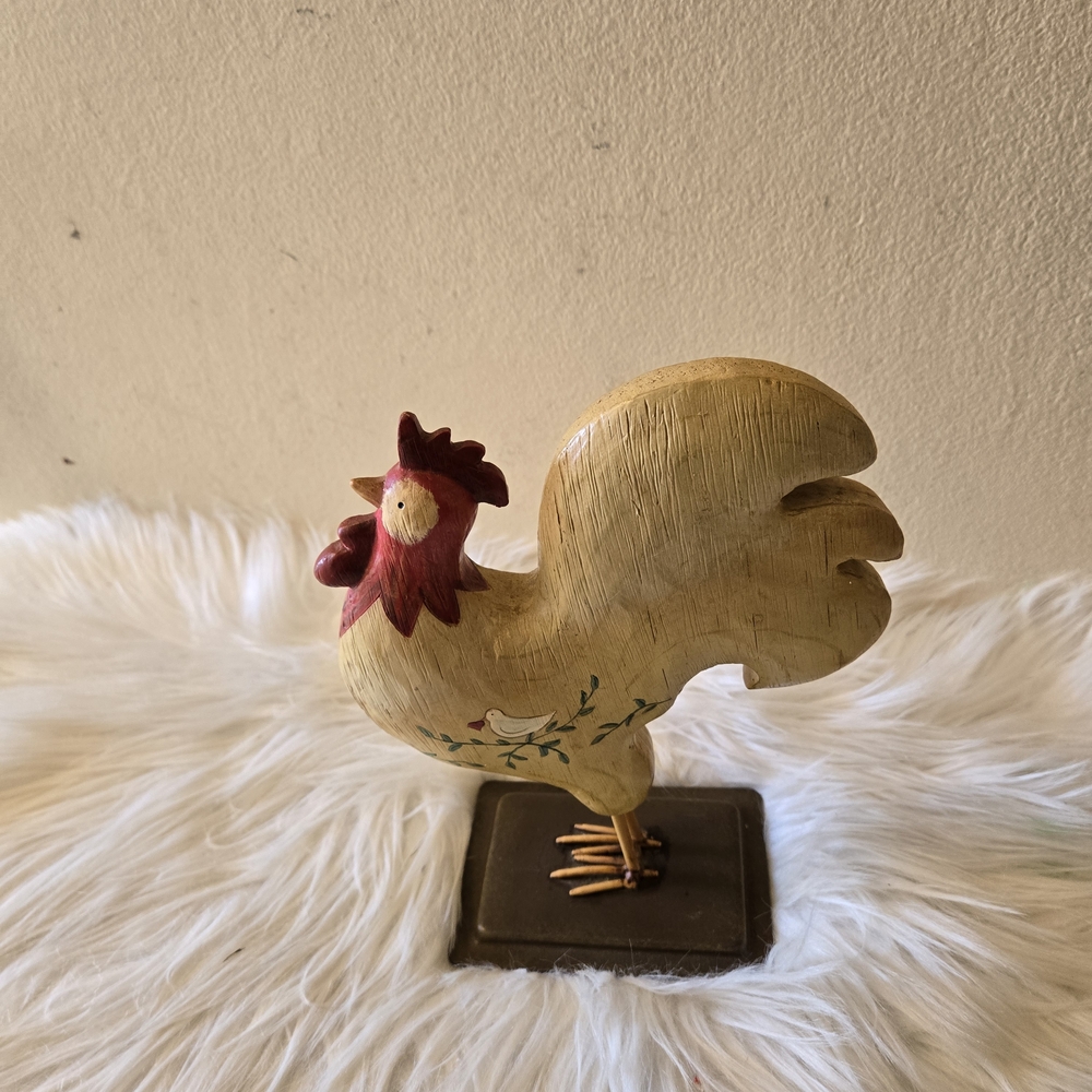 Russ Hand painted Brown Base Rooster, White Bird Holding Heart